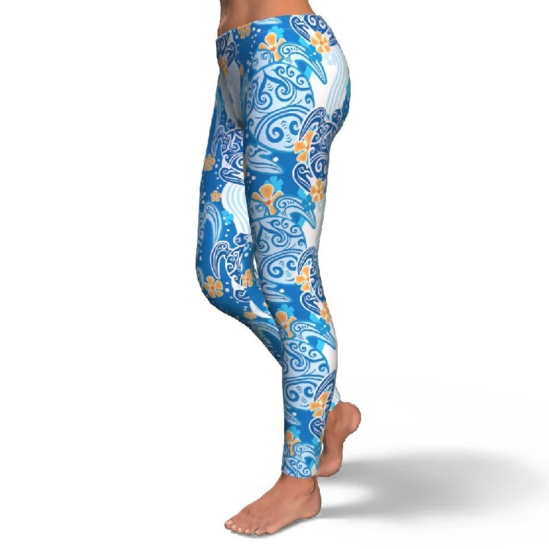 Sea Turtle Hawaiian Blue Pattern Print Pattern Women Leggings