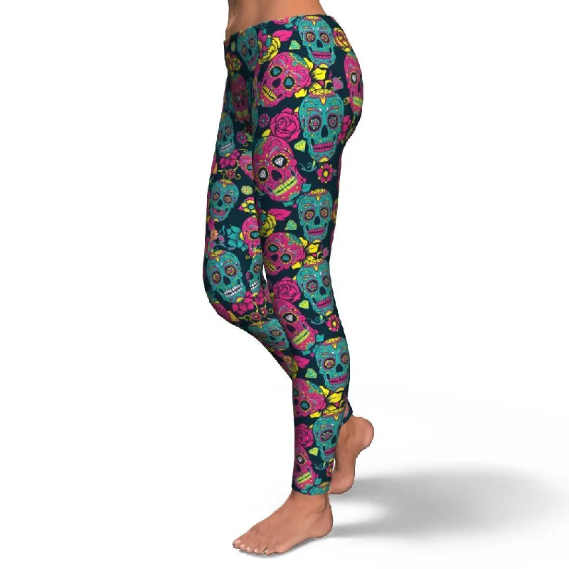 Sugar Skull Girly Skeleton Floral Pattern Print Pattern Women Leggings