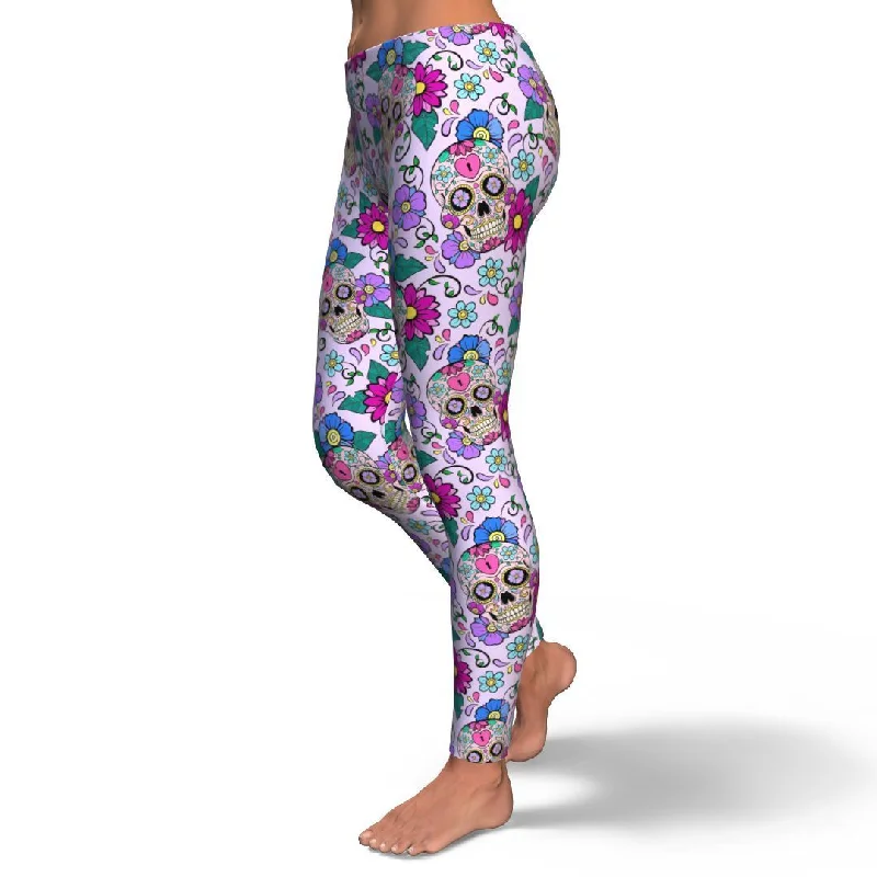 Sugar Skull Skeleton Girly Floral Pattern Print Pattern Women Leggings