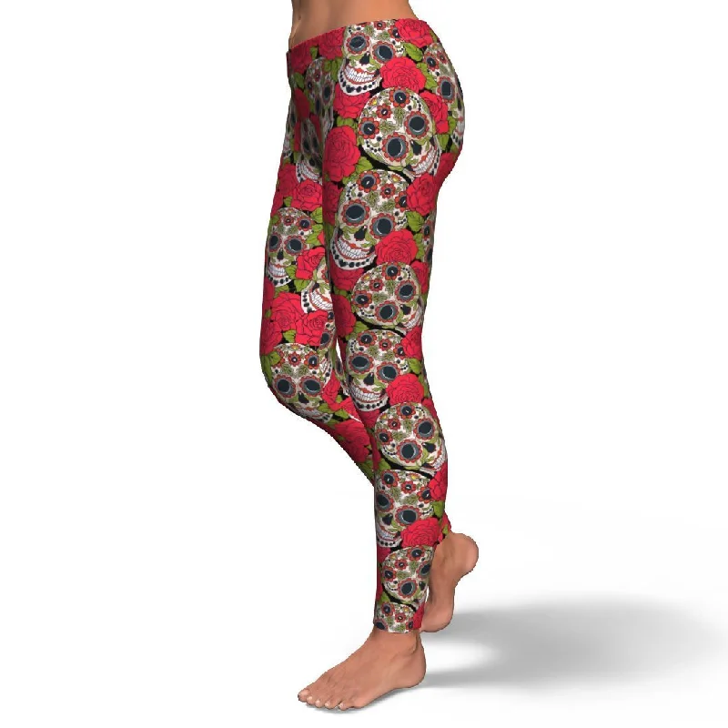 Sugar Skull Skeleton Girly Floral Rose Pattern Print Pattern Women Leggings