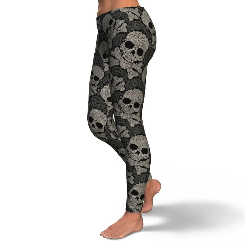 Sugar Skull Skeleton Girly Paisley Pattern Print Pattern Women Leggings