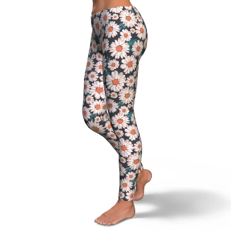 White Cute Daisy Pattern Print Pattern Women Leggings