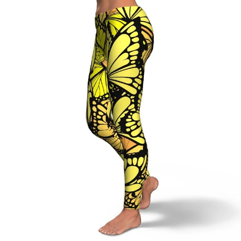 Yellow Monarch Butterfly Pattern Print Pattern Women Leggings