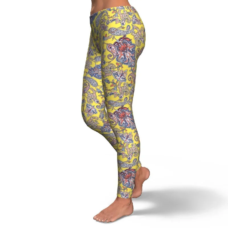 Yellow Paisley Pattern Print Pattern Women Leggings